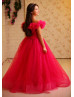 Off Shoulder Bright Pink Lace Tulle Flower Girl Dress